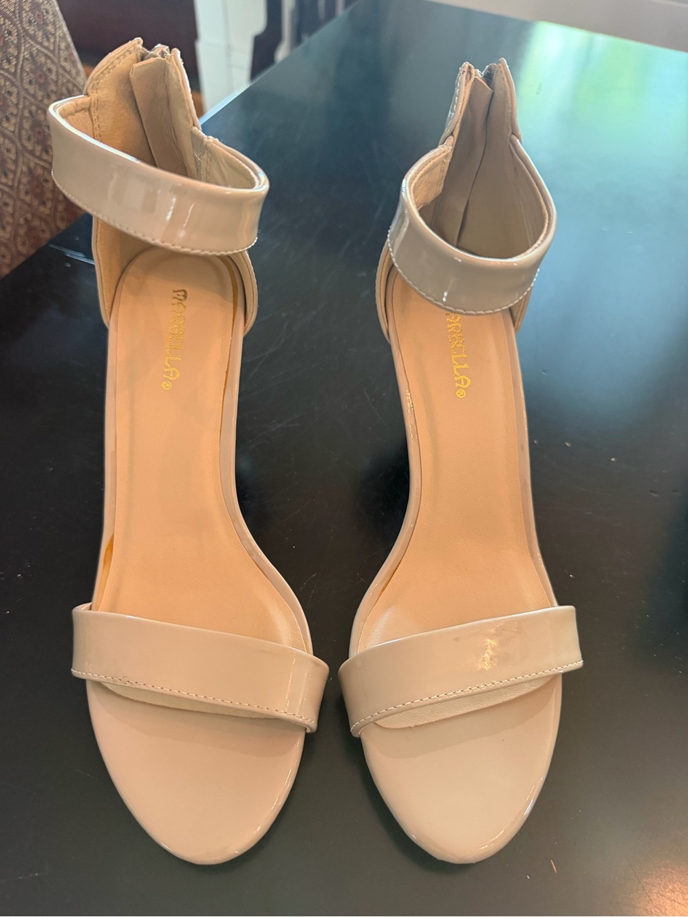 Patent Ankle-Strap Sandals in Nude